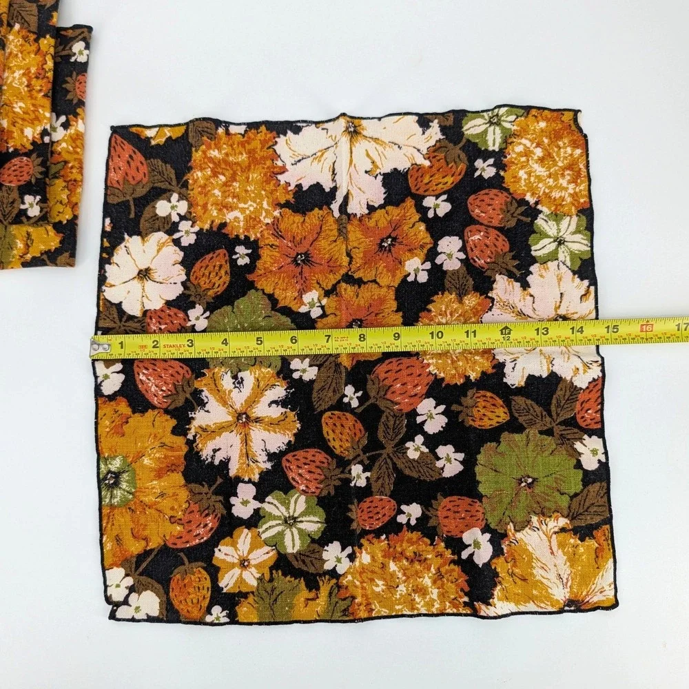 Vintage MCM Linen Napkins Set 4 70s Floral Strawberry Print Mustard Orange 15